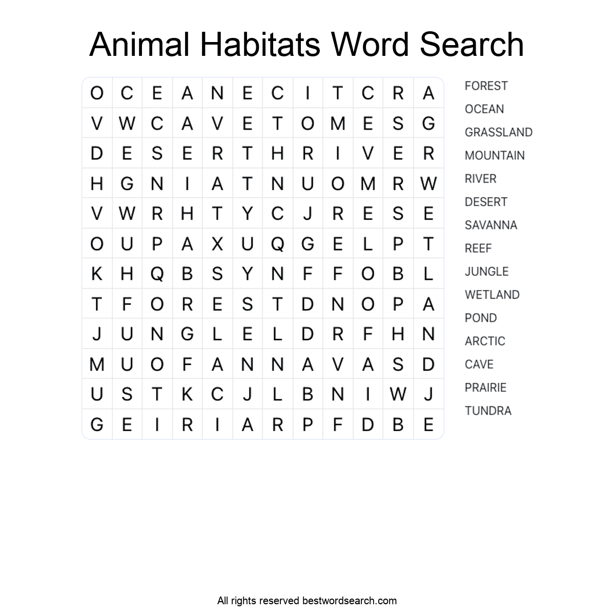 ANIMAL HABITATS (ANIMALS) Word Search Puzzle