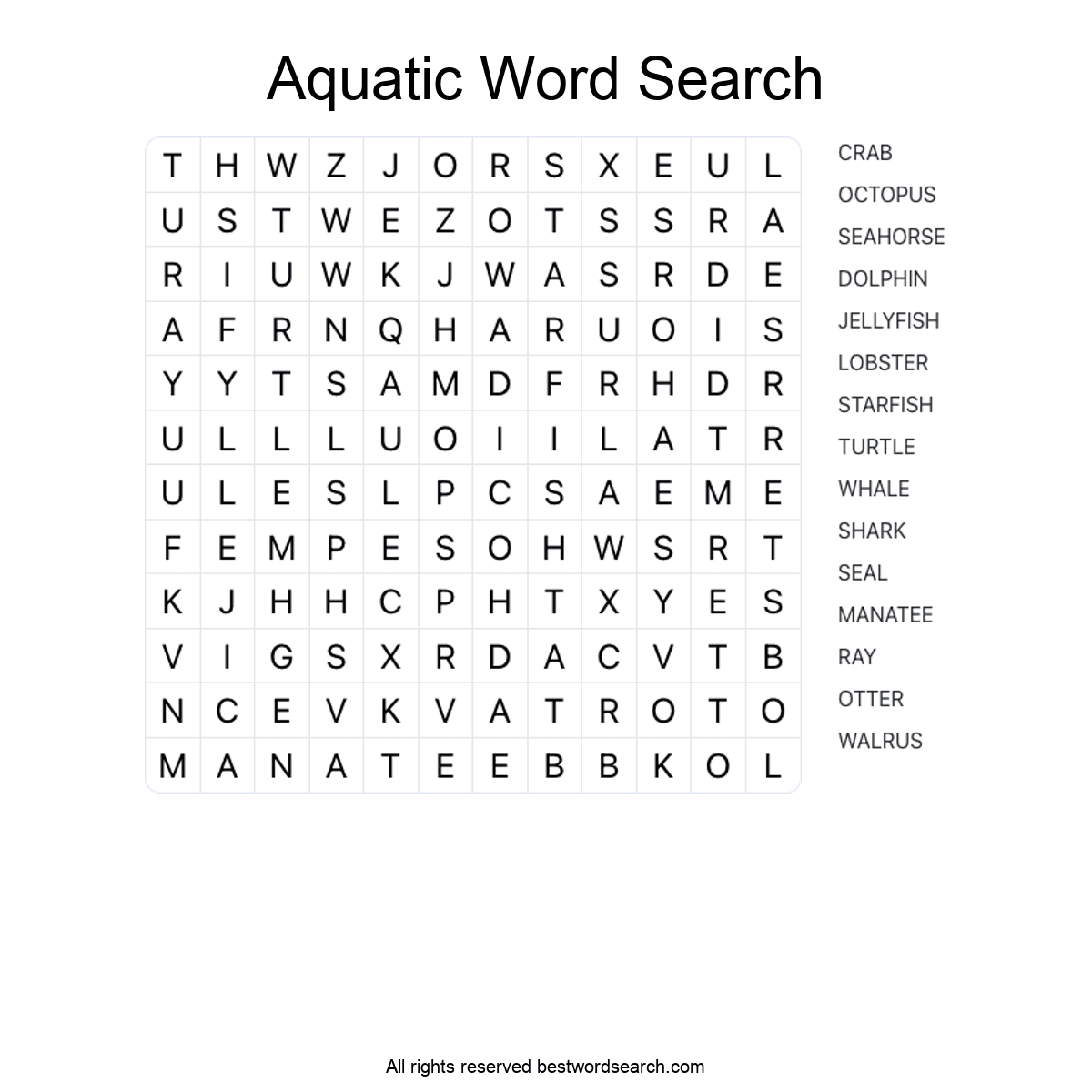 AQUATIC ANIMALS (ANIMALS) Word Search Puzzle