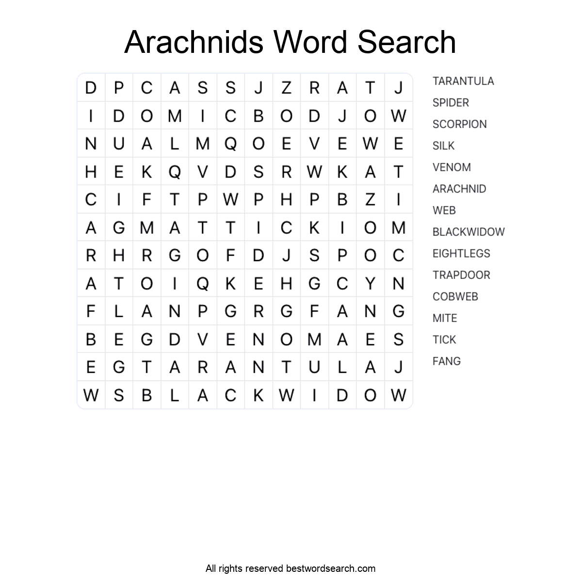 ARACHNIDS (ANIMALS) Word Search Puzzle