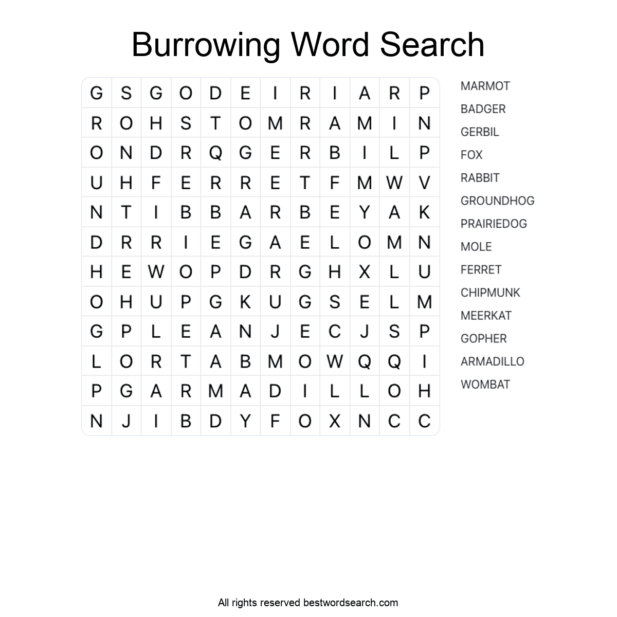 BURROWING ANIMALS (ANIMALS) Word Search Puzzle