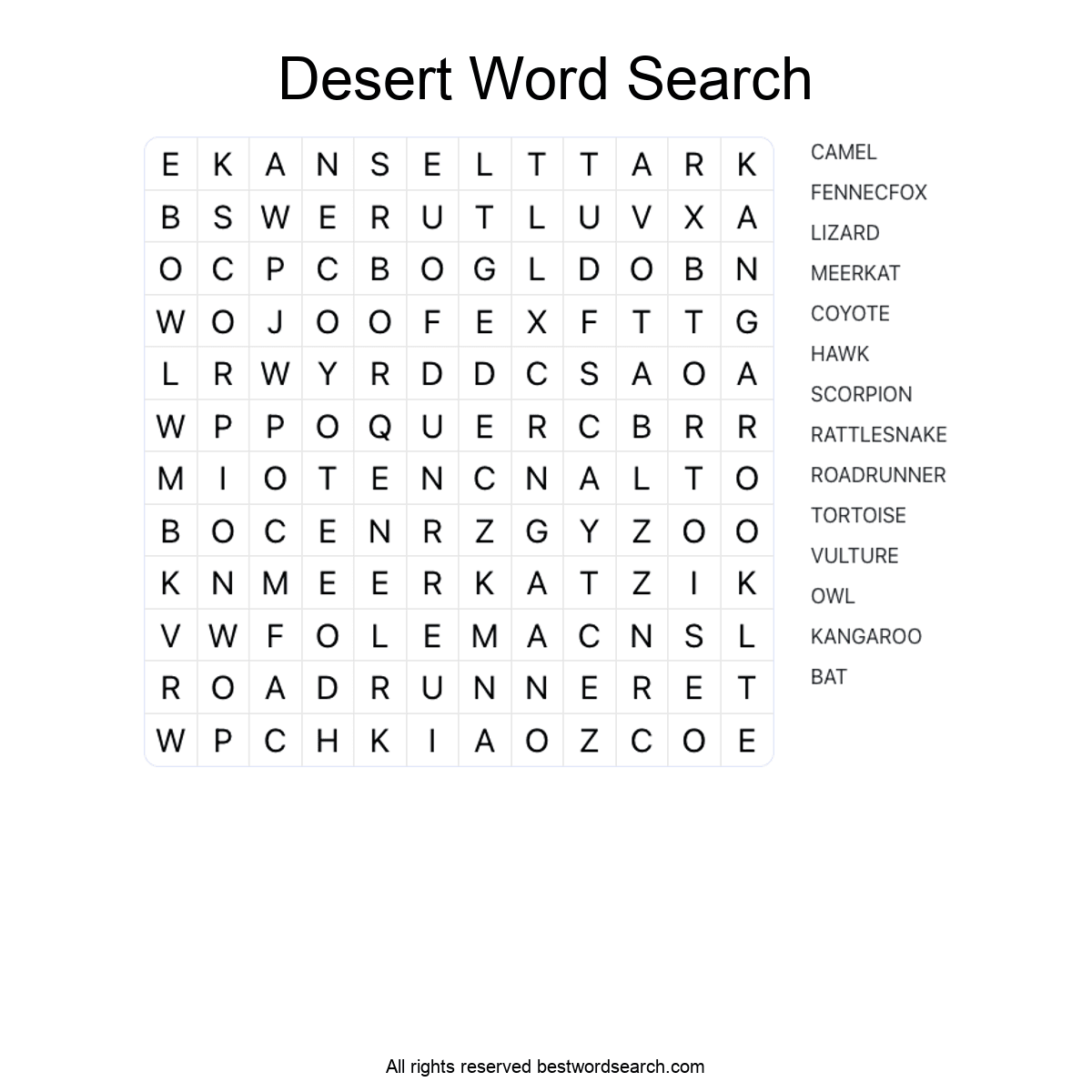 DESERT ANIMALS (ANIMALS) Word Search Puzzle