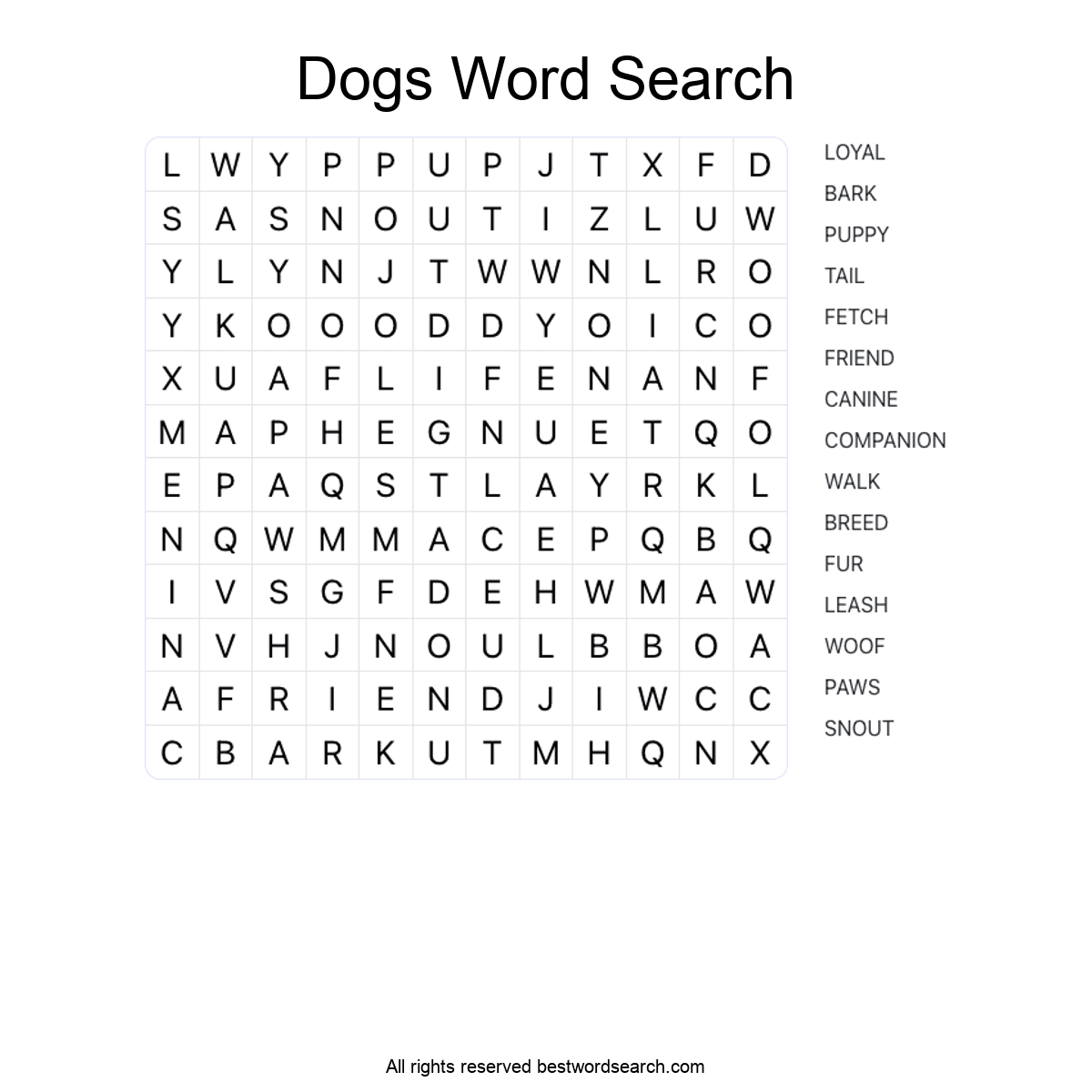 DOGS (ANIMALS) Word Search Puzzle