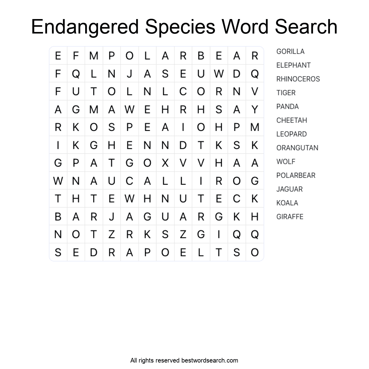 ENDANGERED SPECIES (ANIMALS) Word Search Puzzle