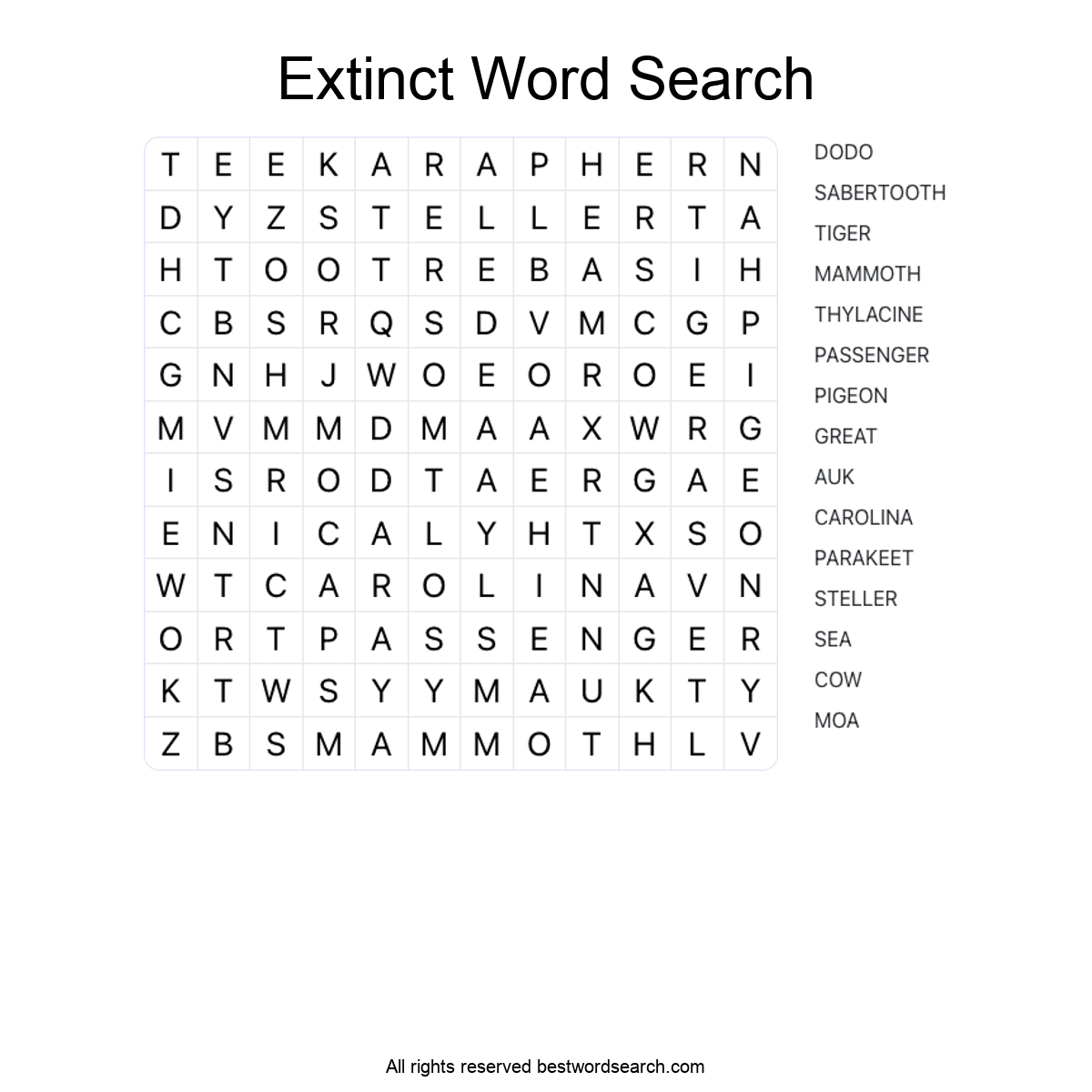 EXTINCT ANIMALS (ANIMALS) Word Search Puzzle