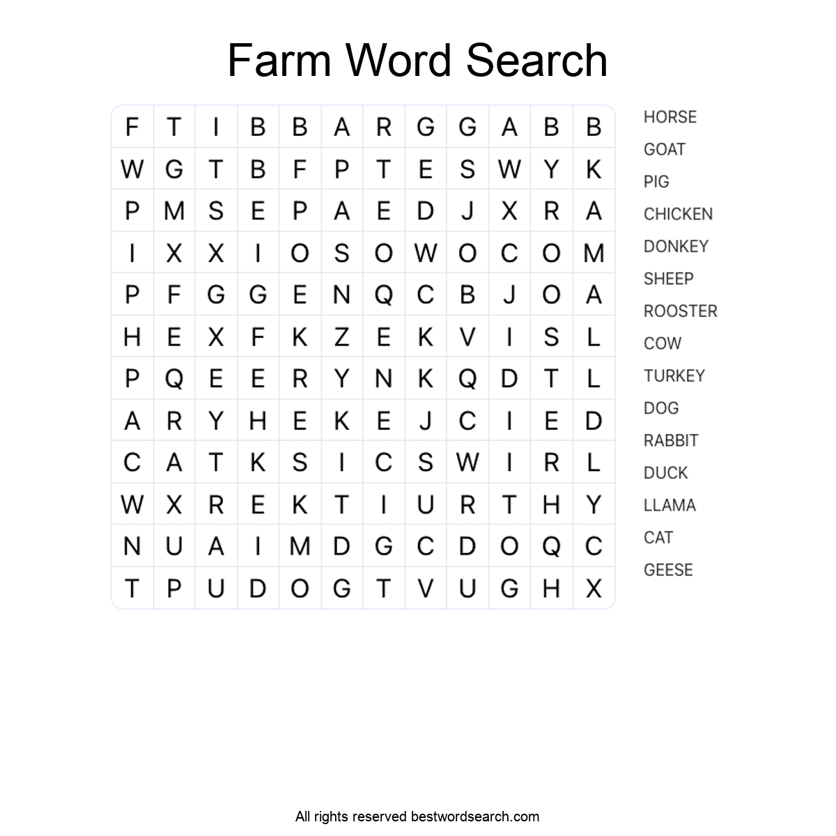 FARM ANIMALS (ANIMALS) Word Search Puzzle