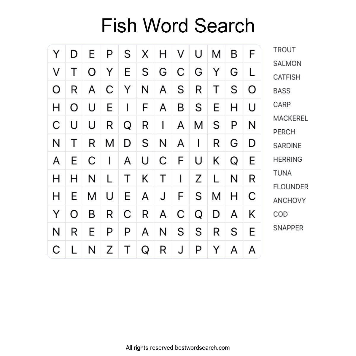 FISH (ANIMALS) Word Search Puzzle