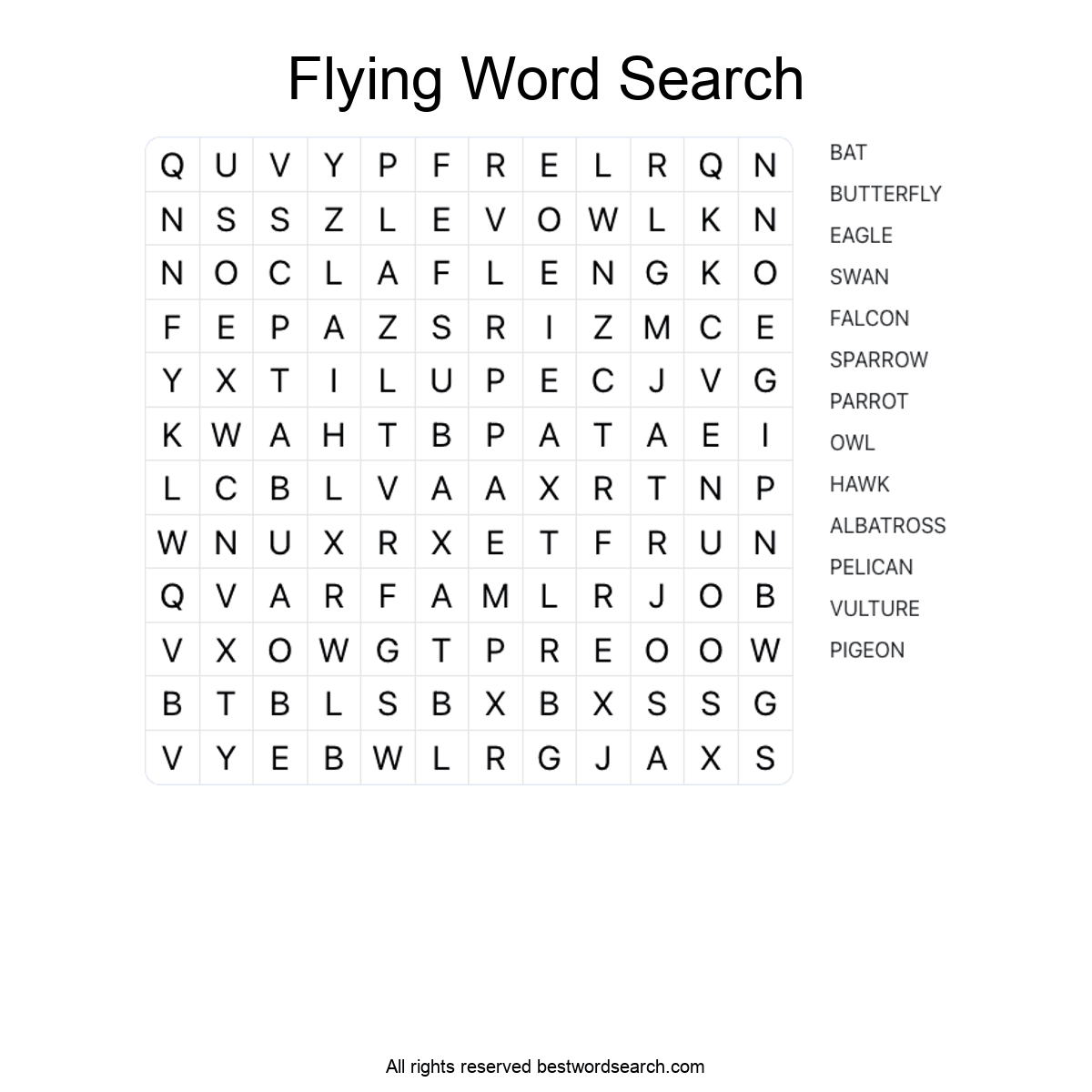 FLYING ANIMALS (ANIMALS) Word Search Puzzle