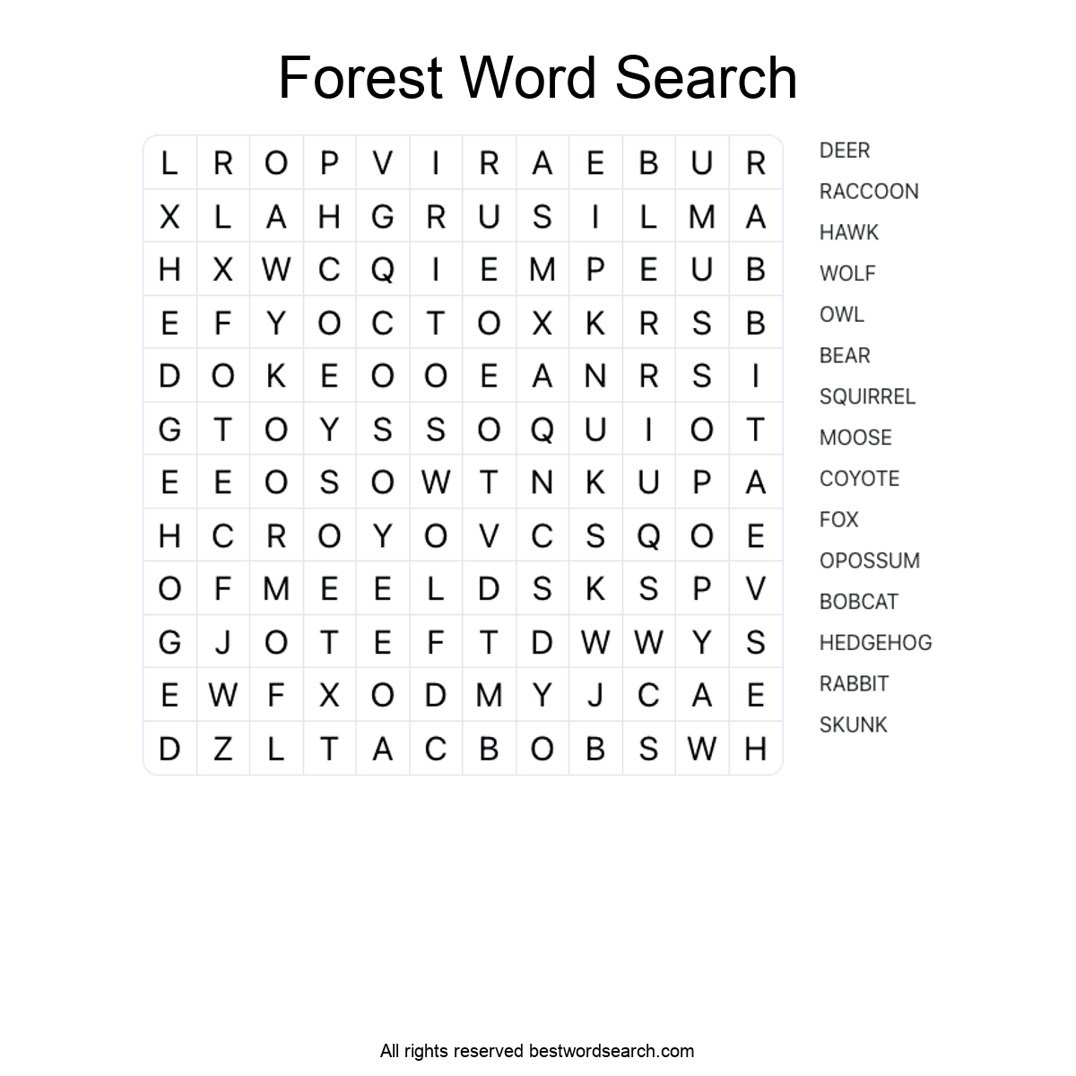 FOREST ANIMALS (ANIMALS) Word Search Puzzle