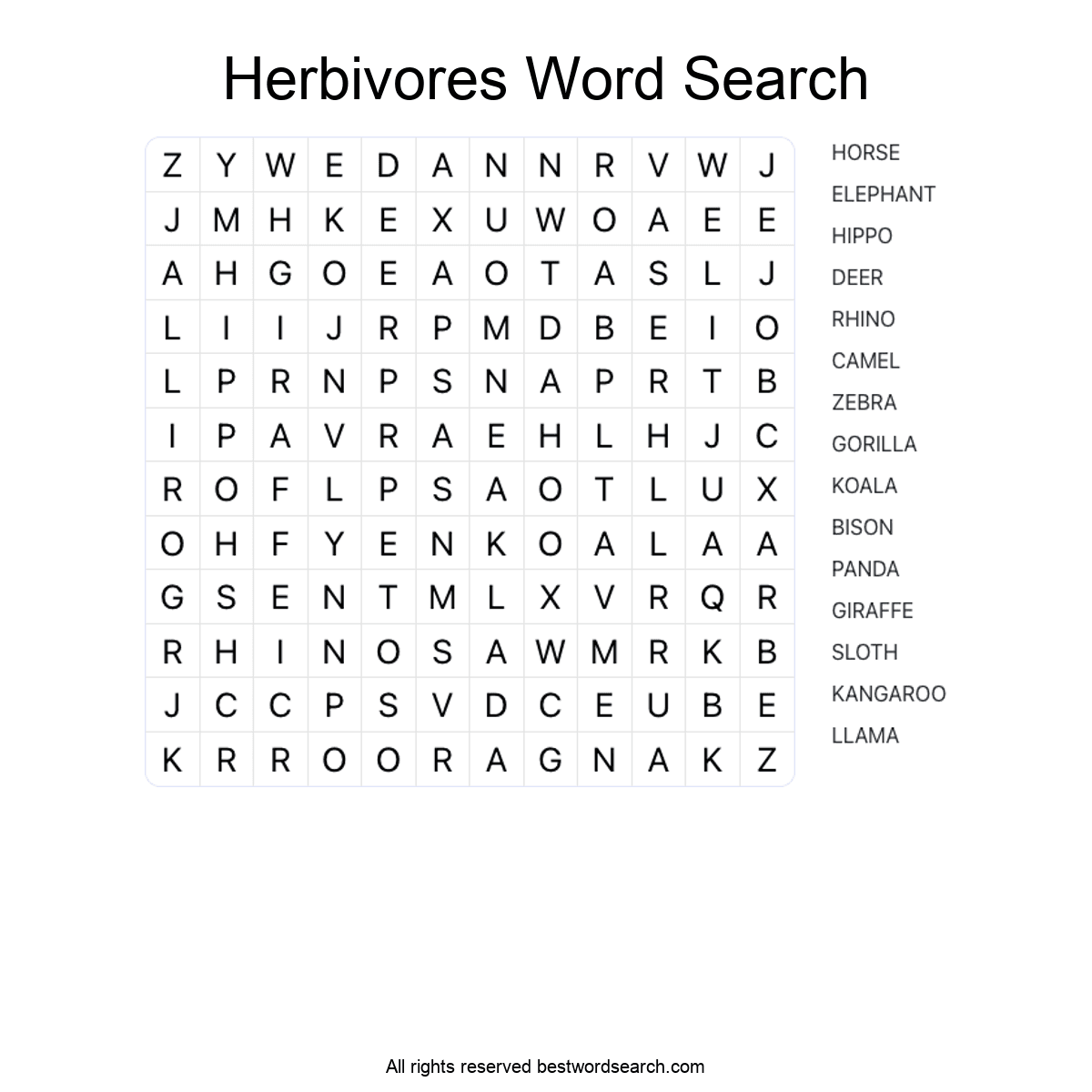 HERBIVORES (ANIMALS) Word Search Puzzle