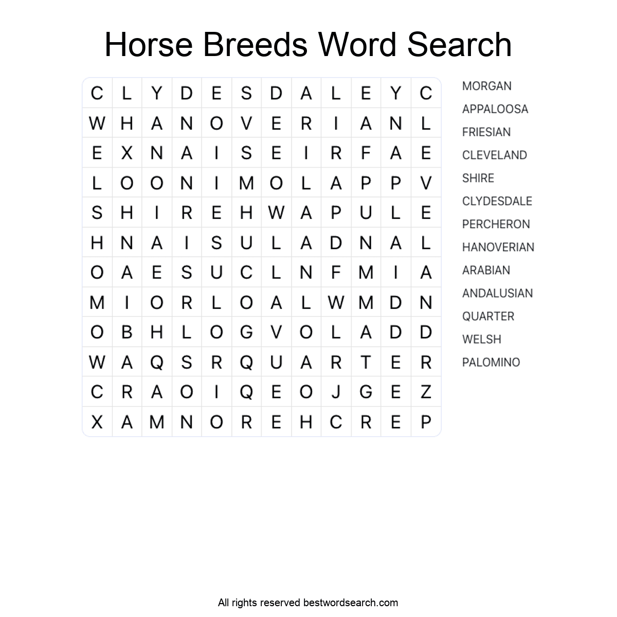 HORSE BREEDS (ANIMALS) Word Search Puzzle