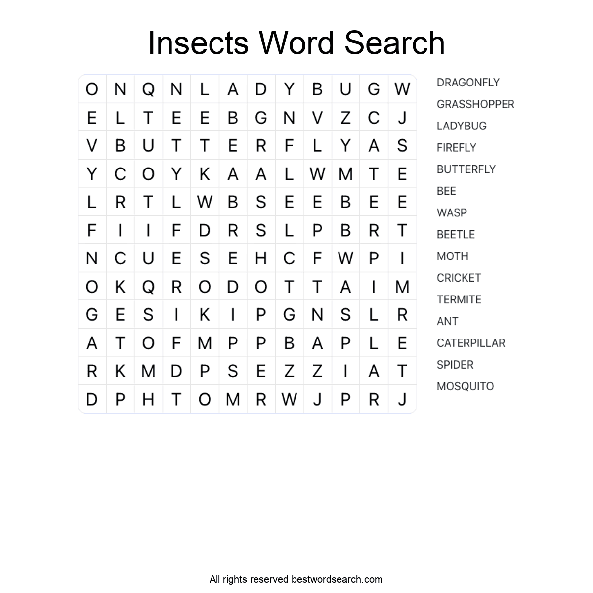 INSECTS (ANIMALS) Word Search Puzzle