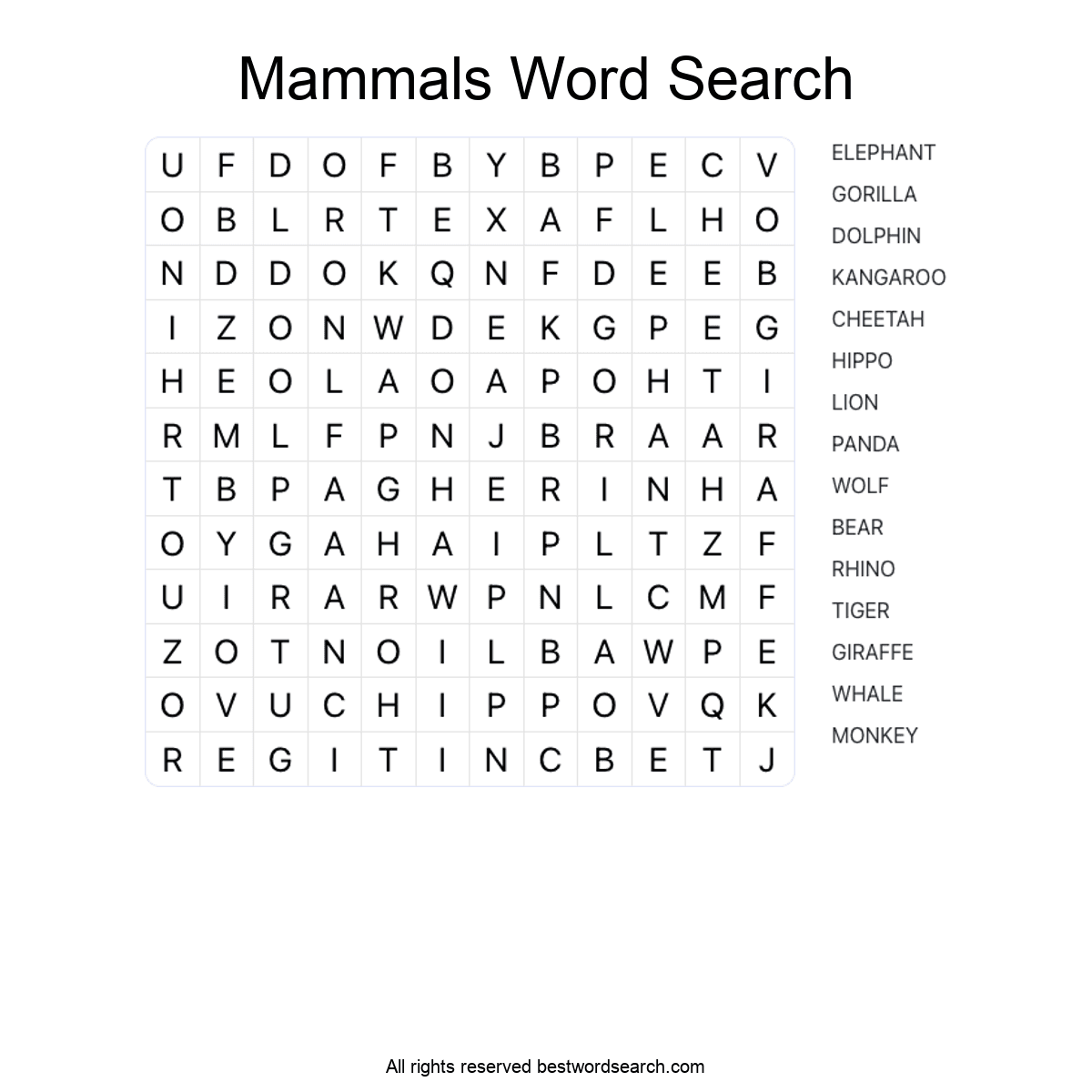 MAMMALS (ANIMALS) Word Search Puzzle