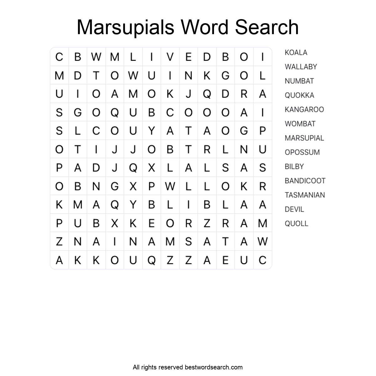 MARSUPIALS (ANIMALS) Word Search Puzzle