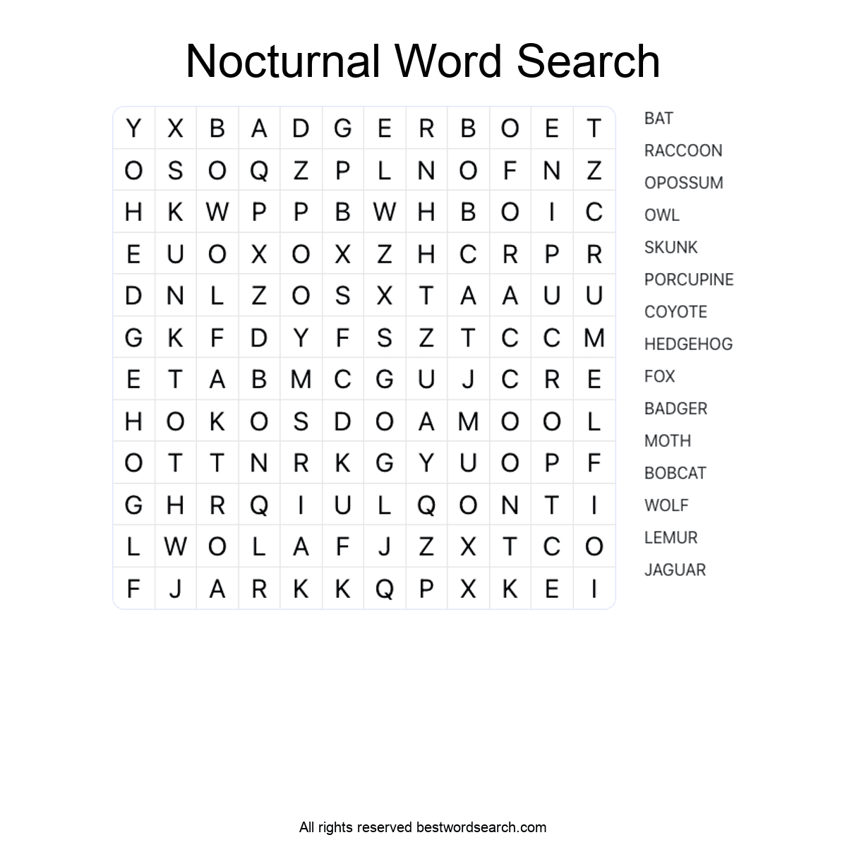 NOCTURNAL ANIMALS (ANIMALS) Word Search Puzzle