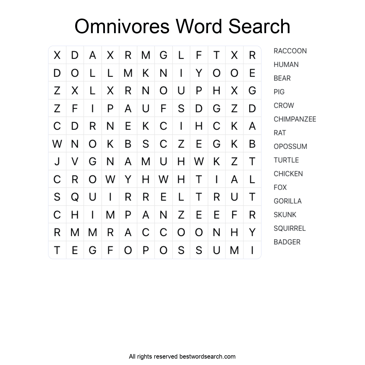 OMNIVORES (ANIMALS) Word Search Puzzle