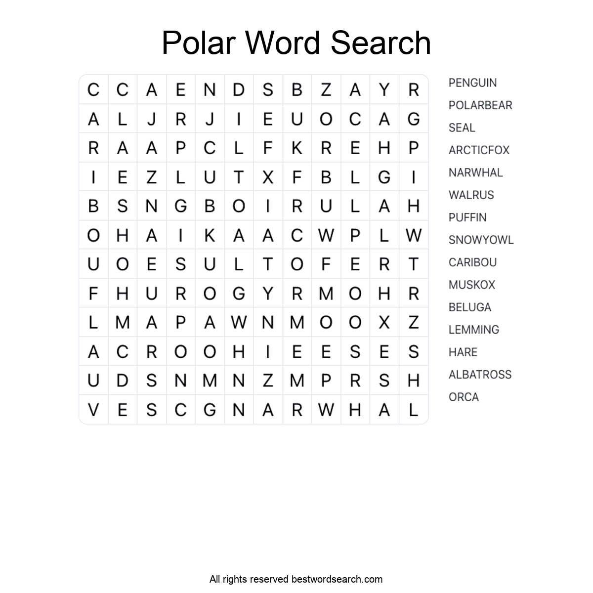 POLAR ANIMALS (ANIMALS) Word Search Puzzle