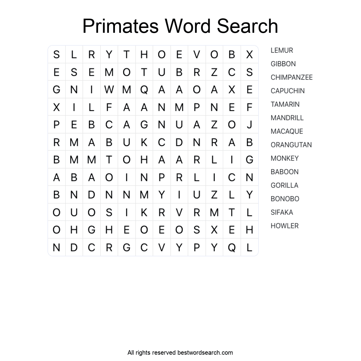 PRIMATES (ANIMALS) Word Search Puzzle