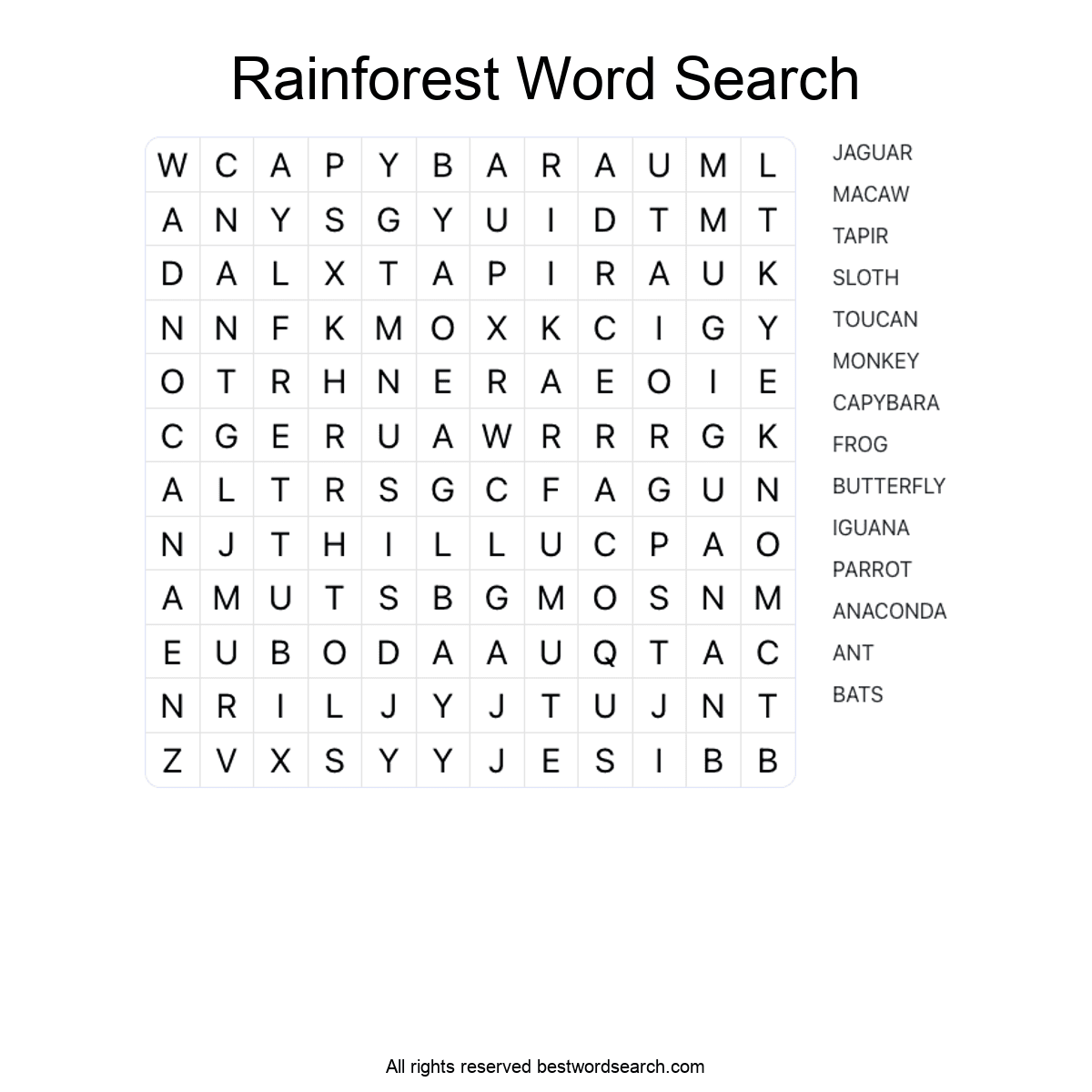 RAINFOREST ANIMALS (ANIMALS) Word Search Puzzle