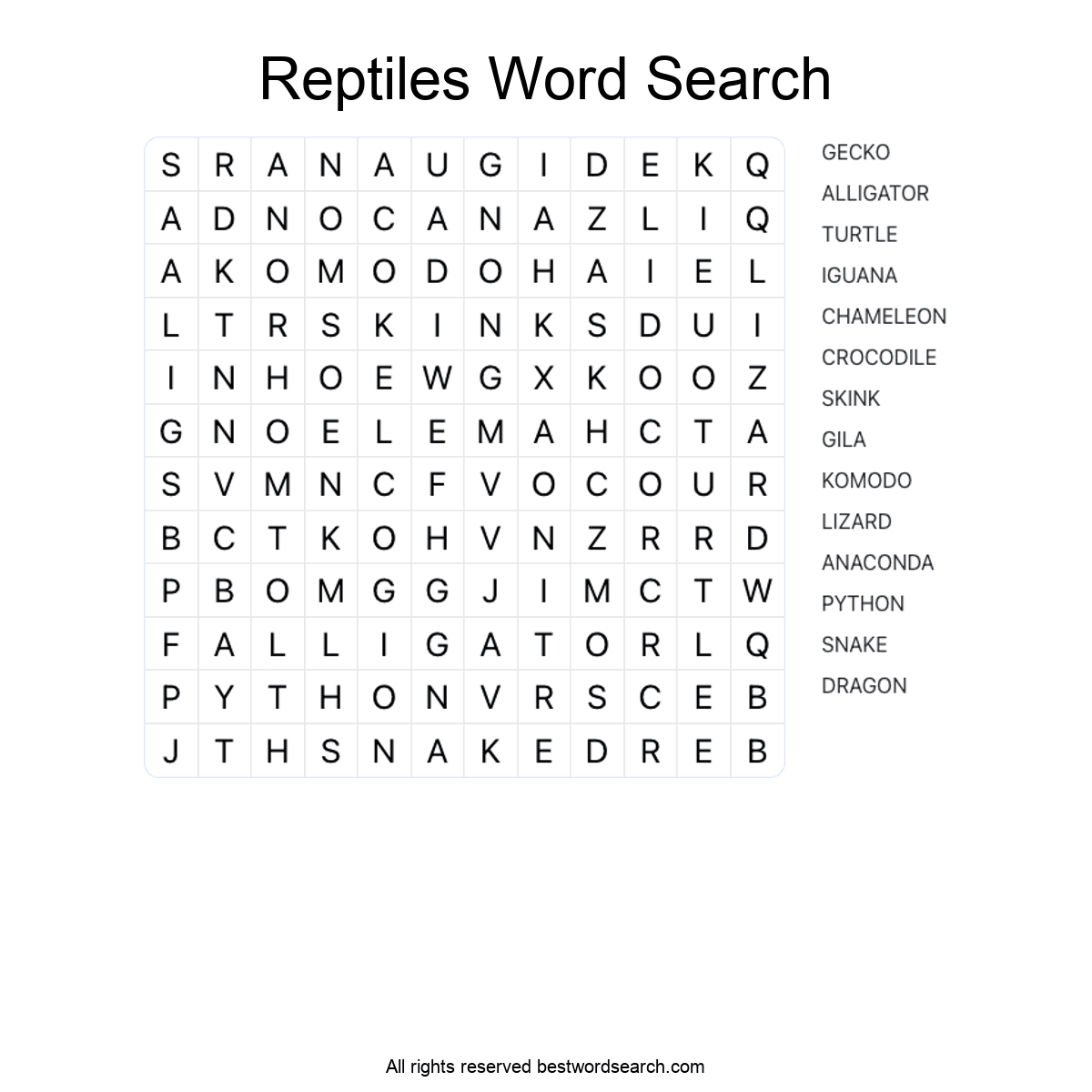 REPTILES (ANIMALS) Word Search Puzzle