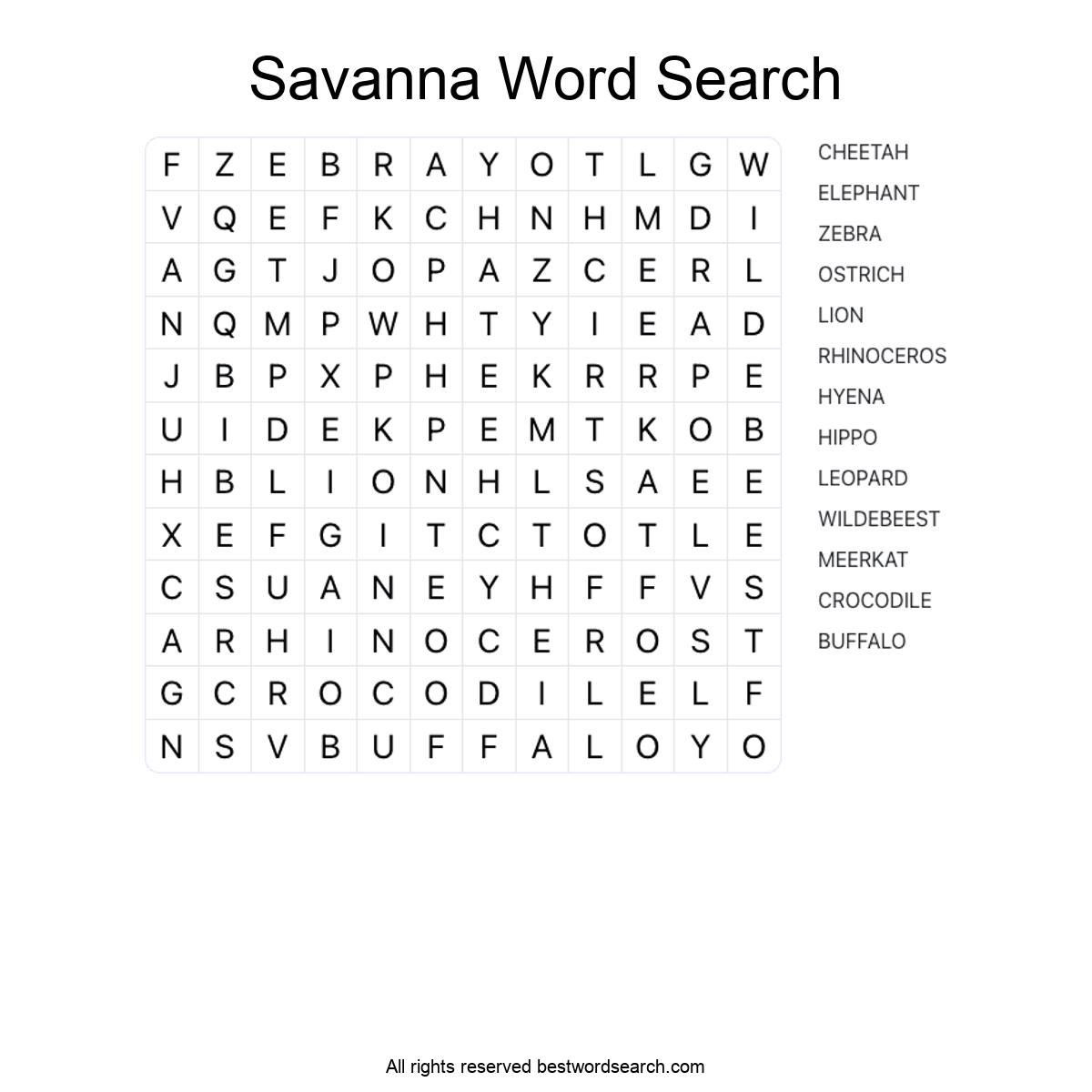 SAVANNA ANIMALS Word Search Puzzle