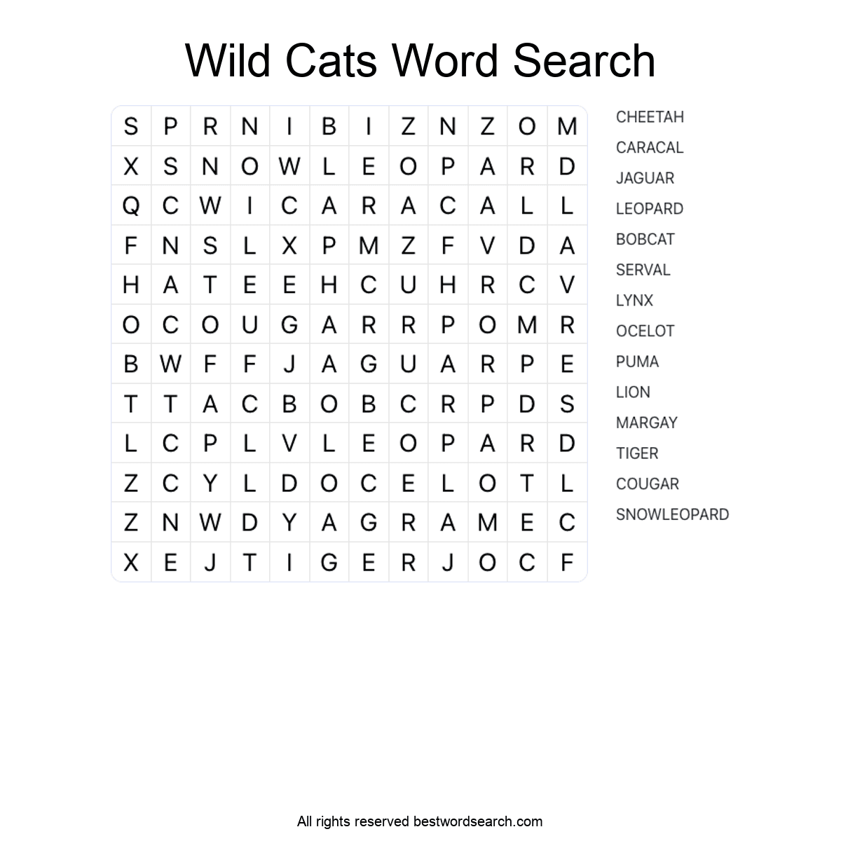 WILD CATS (ANIMALS) Word Search Puzzle