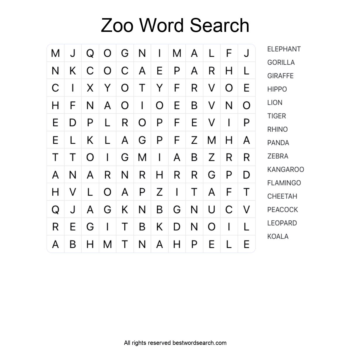 ZOO ANIMALS (ANIMALS) Word Search Puzzle