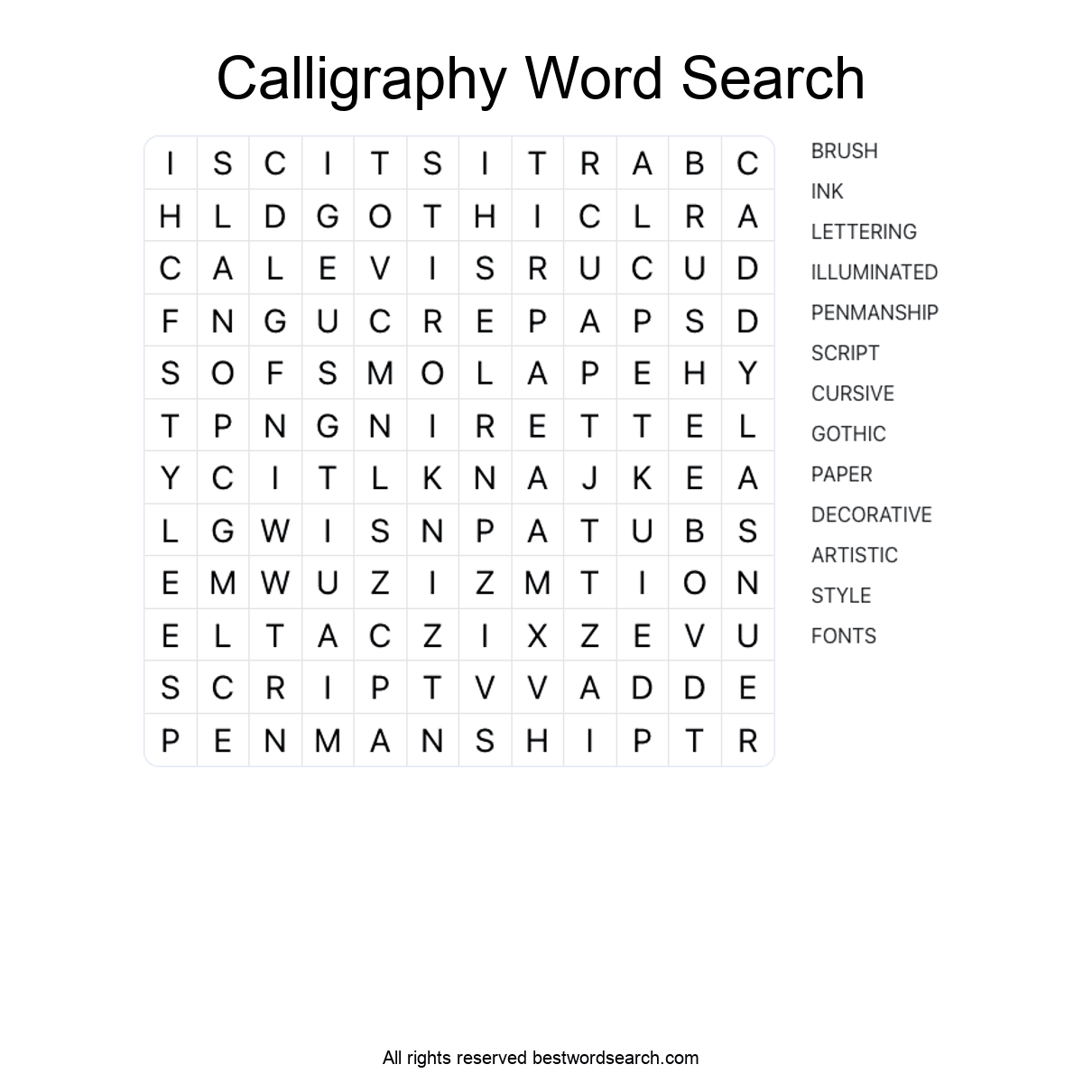 CALLIGRAPHY (ARTS AND CULTURE) Word Search Puzzle