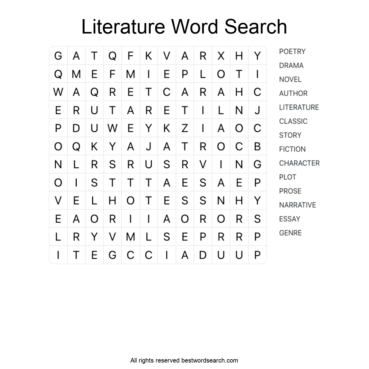 LITERATURE (ARTS AND CULTURE) Word Search Puzzle