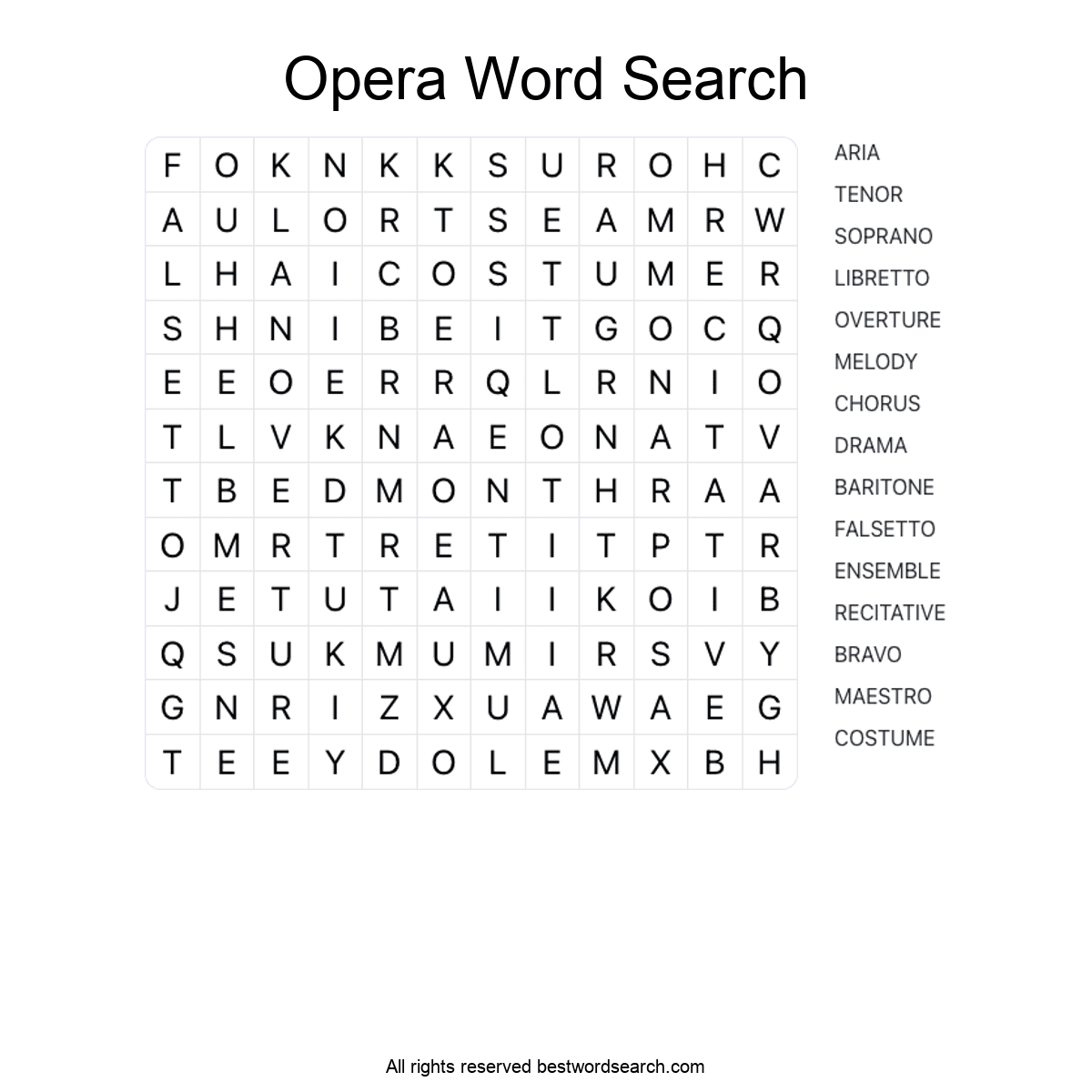 OPERA (ARTS AND CULTURE) Word Search Puzzle