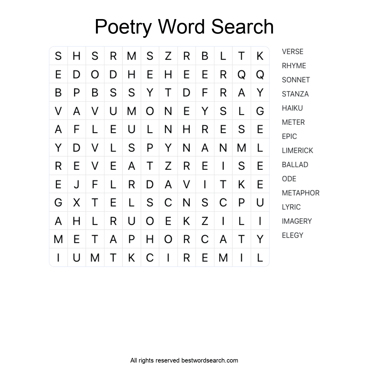 POETRY (ARTS AND CULTURE) Word Search Puzzle