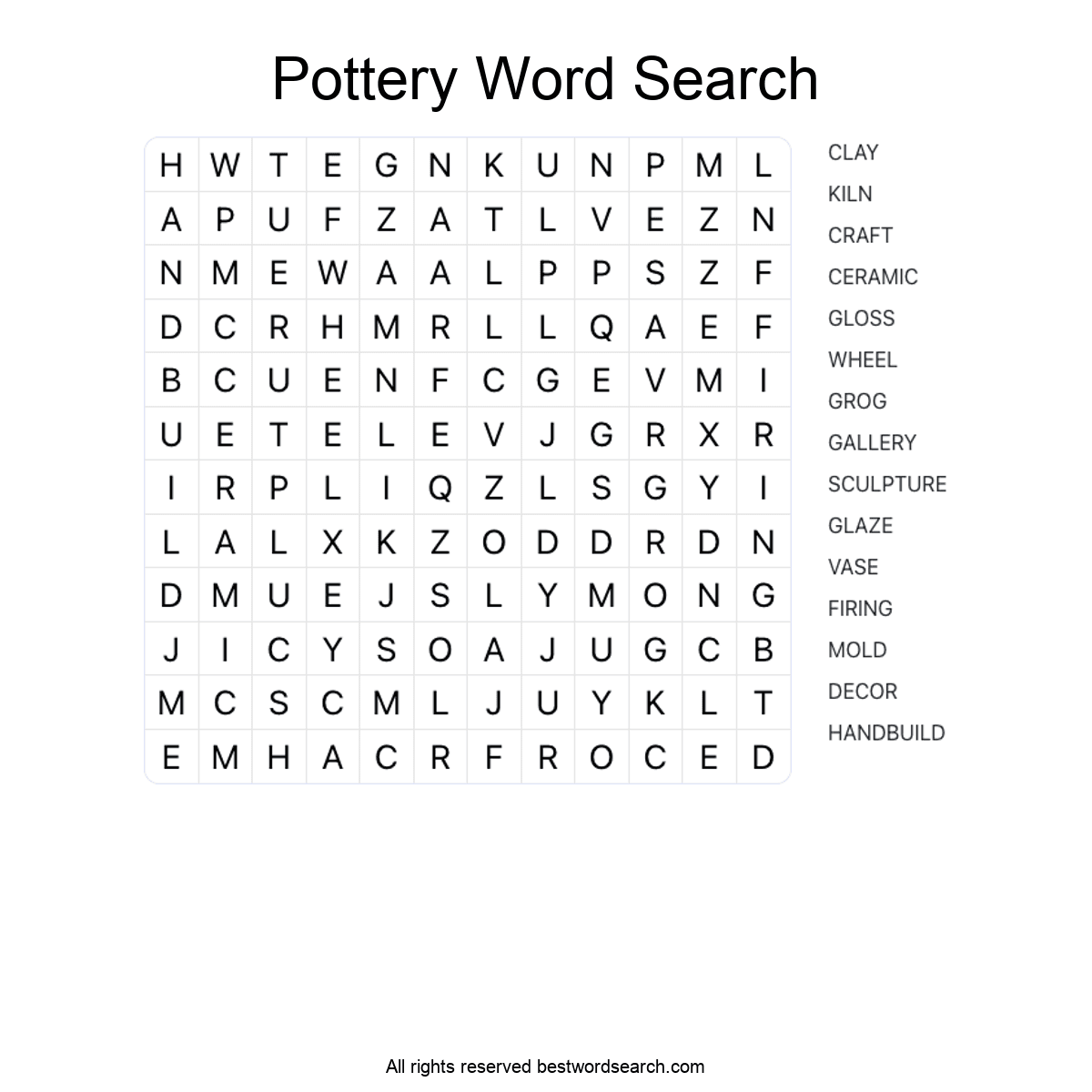 POTTERY (ARTS AND CULTURE) Word Search Puzzle