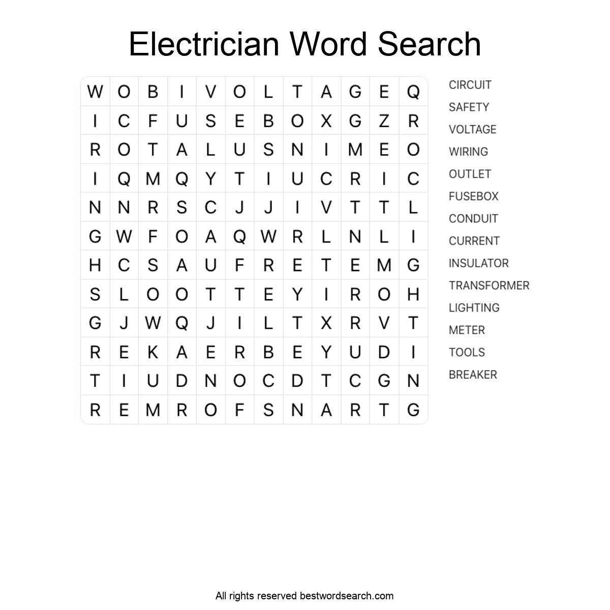 ELECTRICIAN (CAREERS) Word Search Puzzle