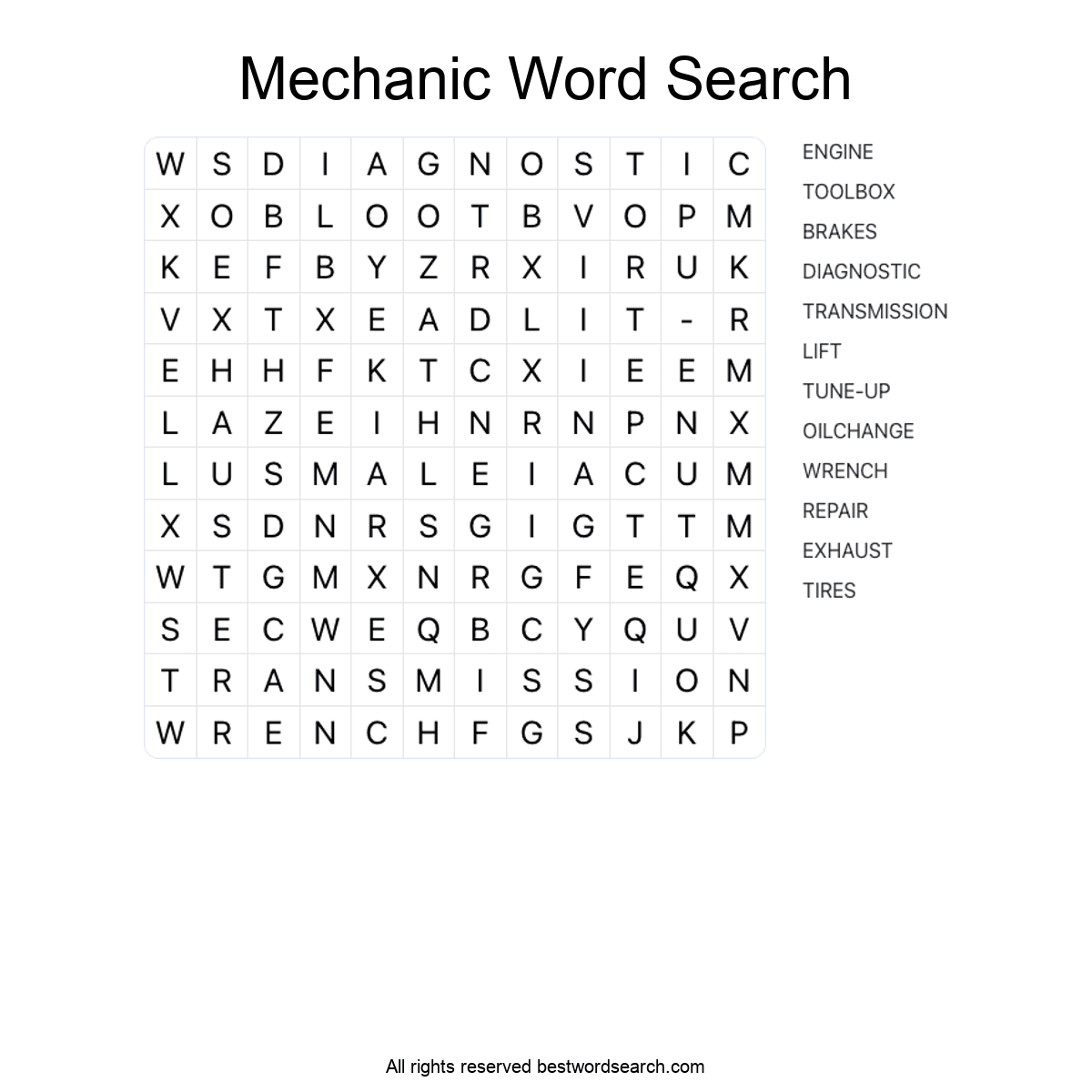 MECHANIC (CAREERS) Word Search Puzzle