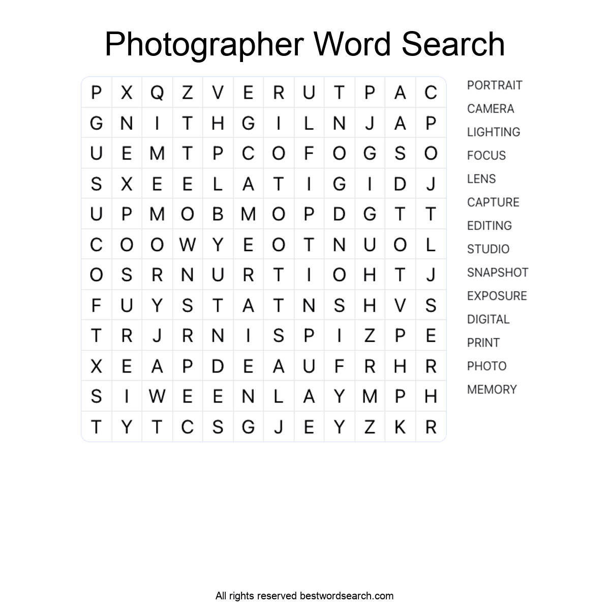 PHOTOGRAPHER (CAREERS) Word Search Puzzle