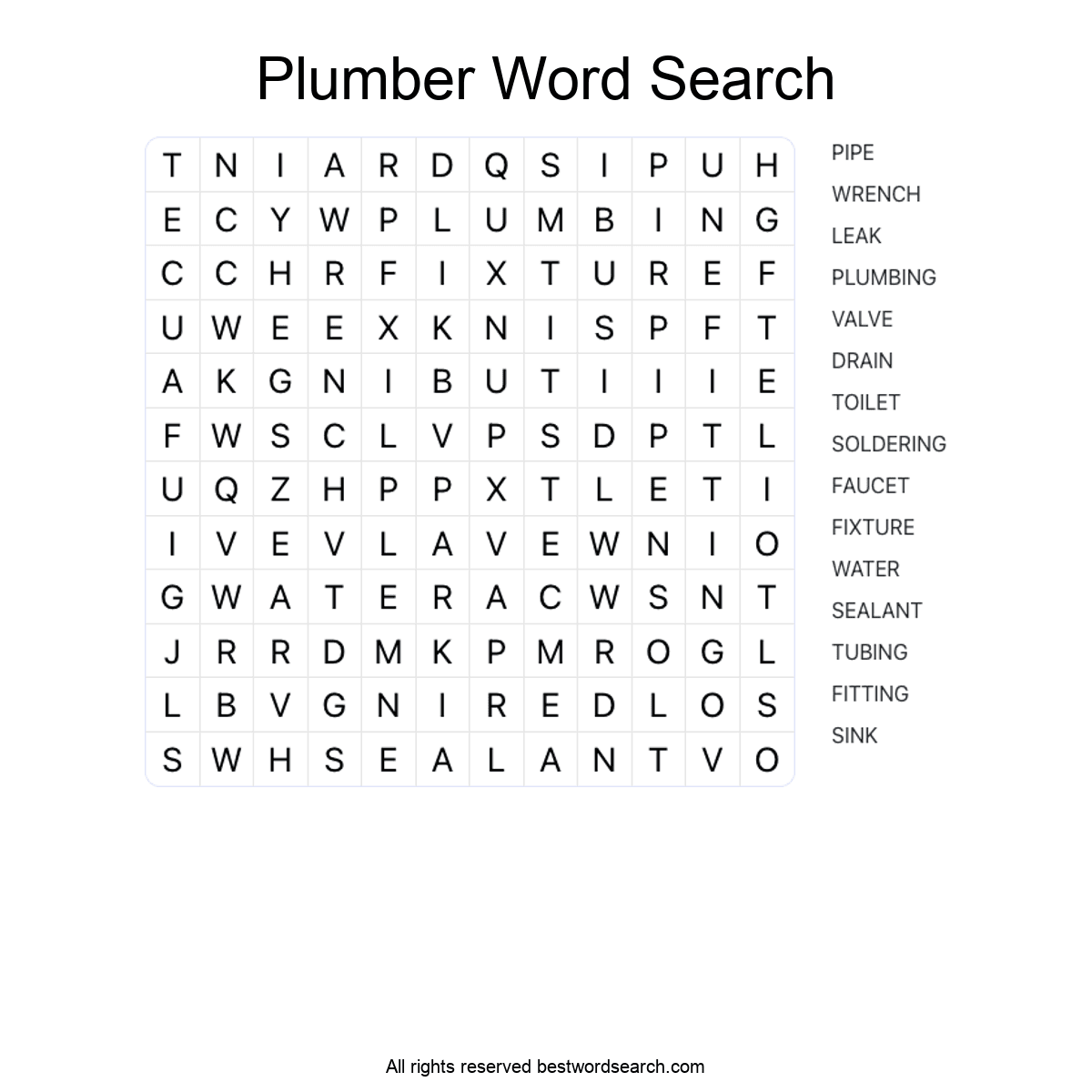 PLUMBER (CAREERS) Word Search Puzzle