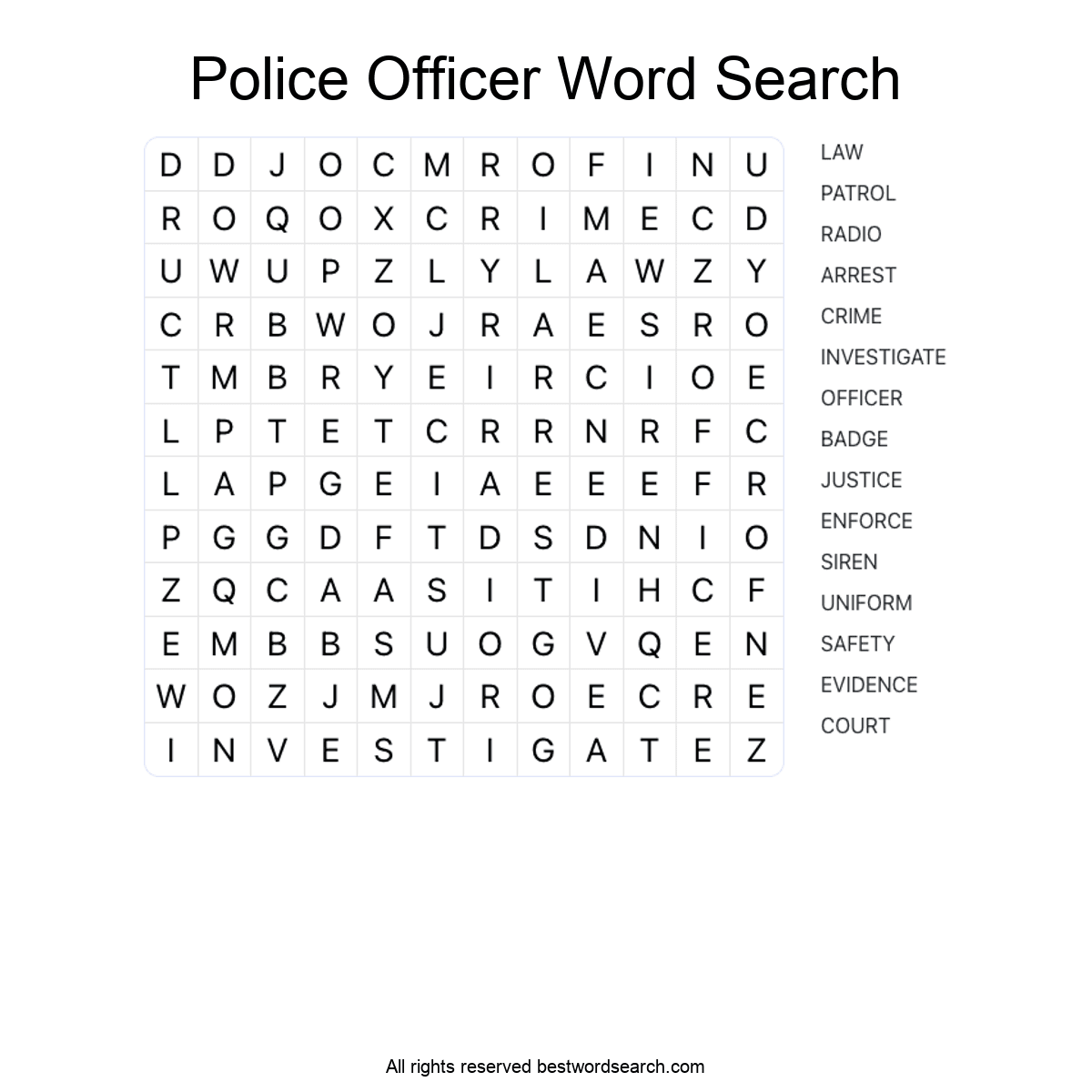 POLICE OFFICER (CAREERS) Word Search Puzzle