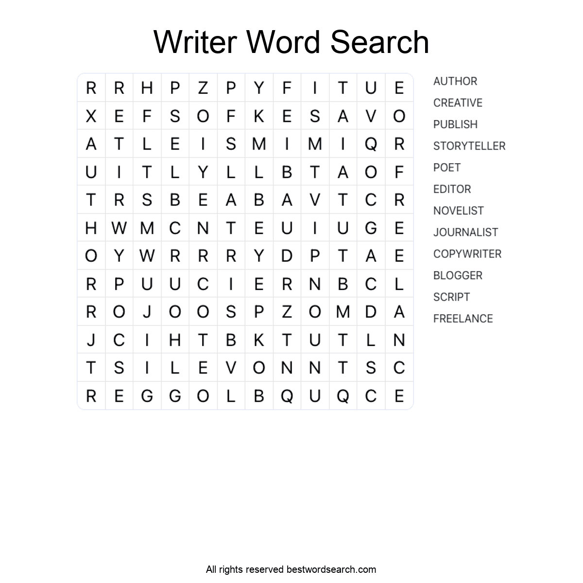 WRITER (CAREERS) Word Search Puzzle