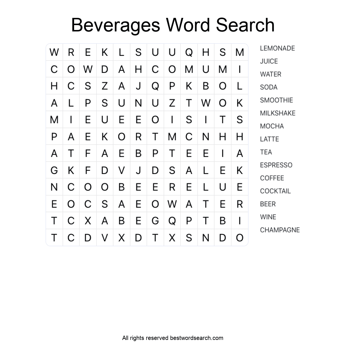 BEVERAGES (FOOD AND DRINK) Word Search Puzzle