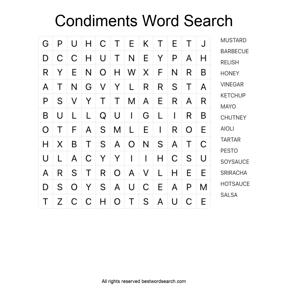 CONDIMENTS (FOOD AND DRINK) Word Search Puzzle