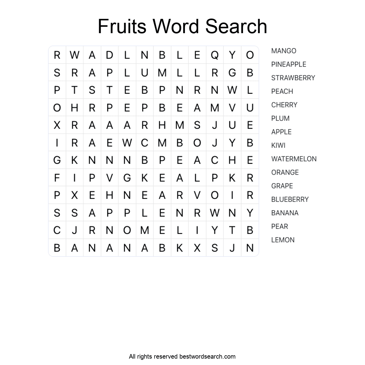 FRUITS (FOOD AND DRINK) Word Search Puzzle