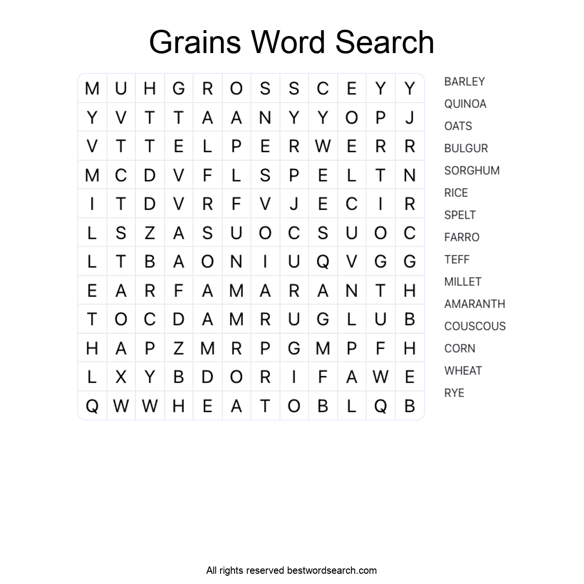 GRAINS (FOOD AND DRINK) Word Search Puzzle