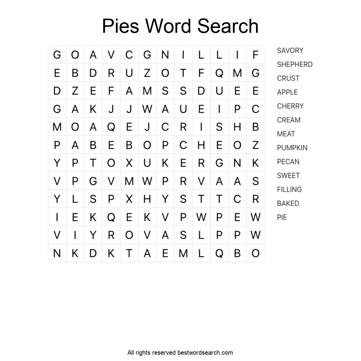 PIES (FOOD AND DRINK) Word Search Puzzle