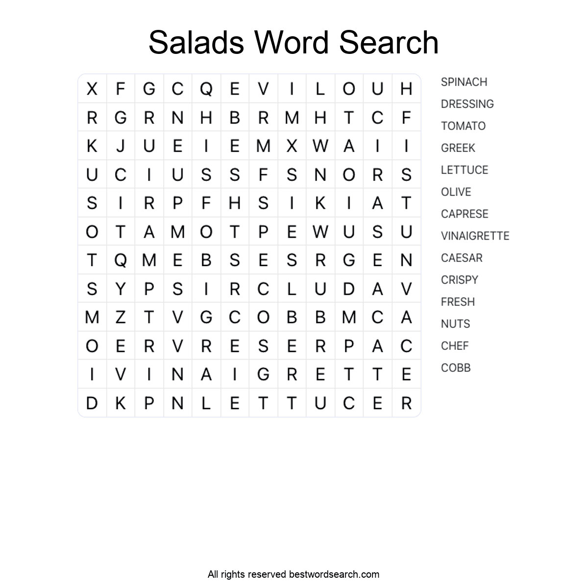 SALADS (FOOD AND DRINK) Word Search Puzzle