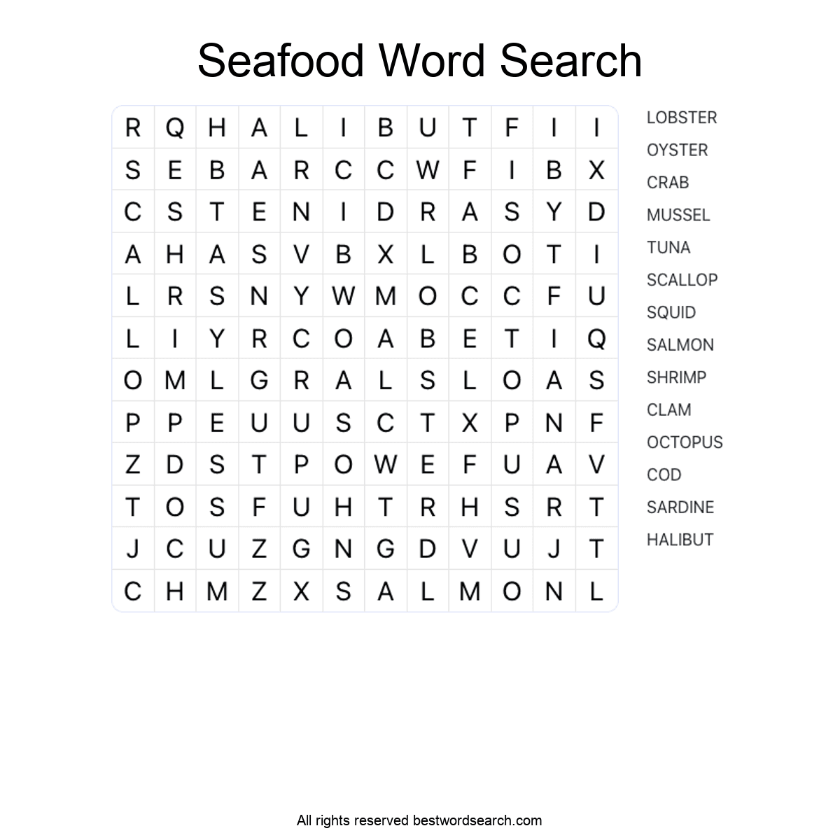 SEAFOOD (FOOD AND DRINK) Word Search Puzzle