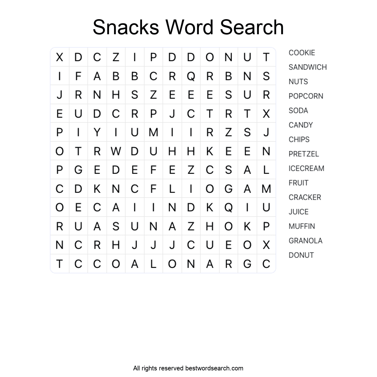 SNACKS (FOOD AND DRINK) Word Search Puzzle