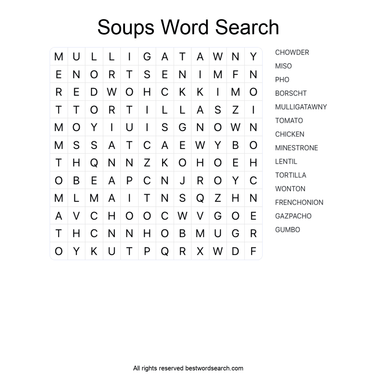 SOUPS (FOOD AND DRINK) Word Search Puzzle