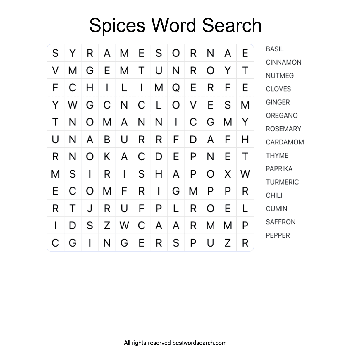 SPICES (FOOD AND DRINK) Word Search Puzzle