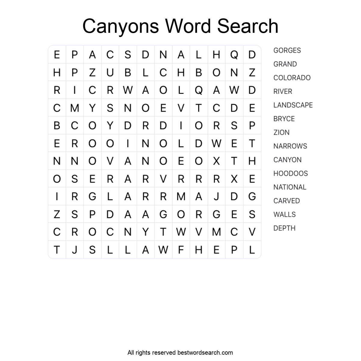 CANYONS (GEOGRAPHY) Word Search Puzzle