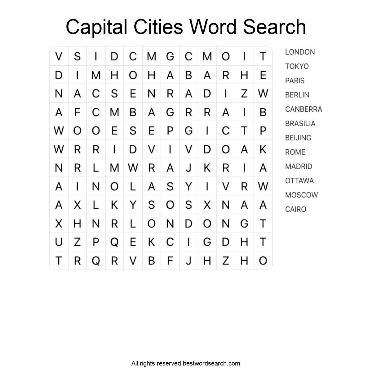 CAPITAL CITIES (GEOGRAPHY) Word Search Puzzle