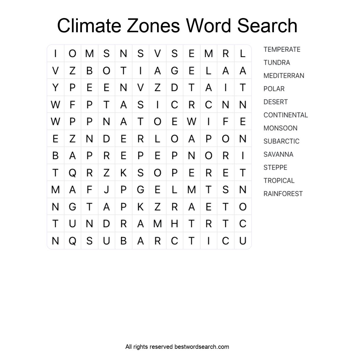 CLIMATE ZONES (GEOGRAPHY) Word Search Puzzle